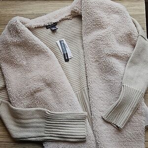 Chelsea & Theodore Beige Faux Fur Knit Cardigan L NWT